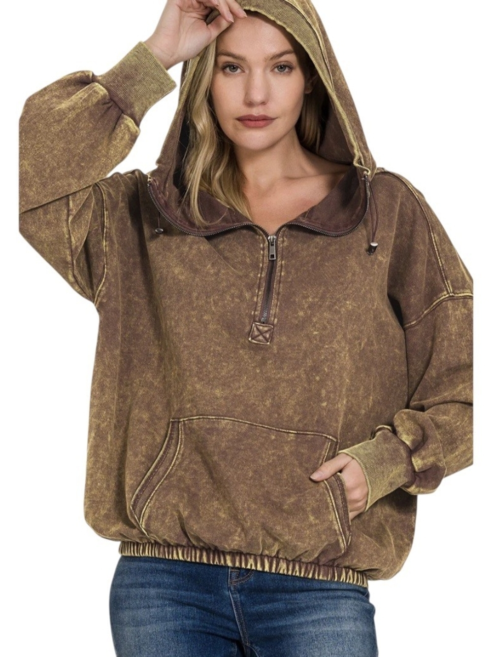 Zenana Outfitters Vintage Washed Brown Half-Zip Hoodie